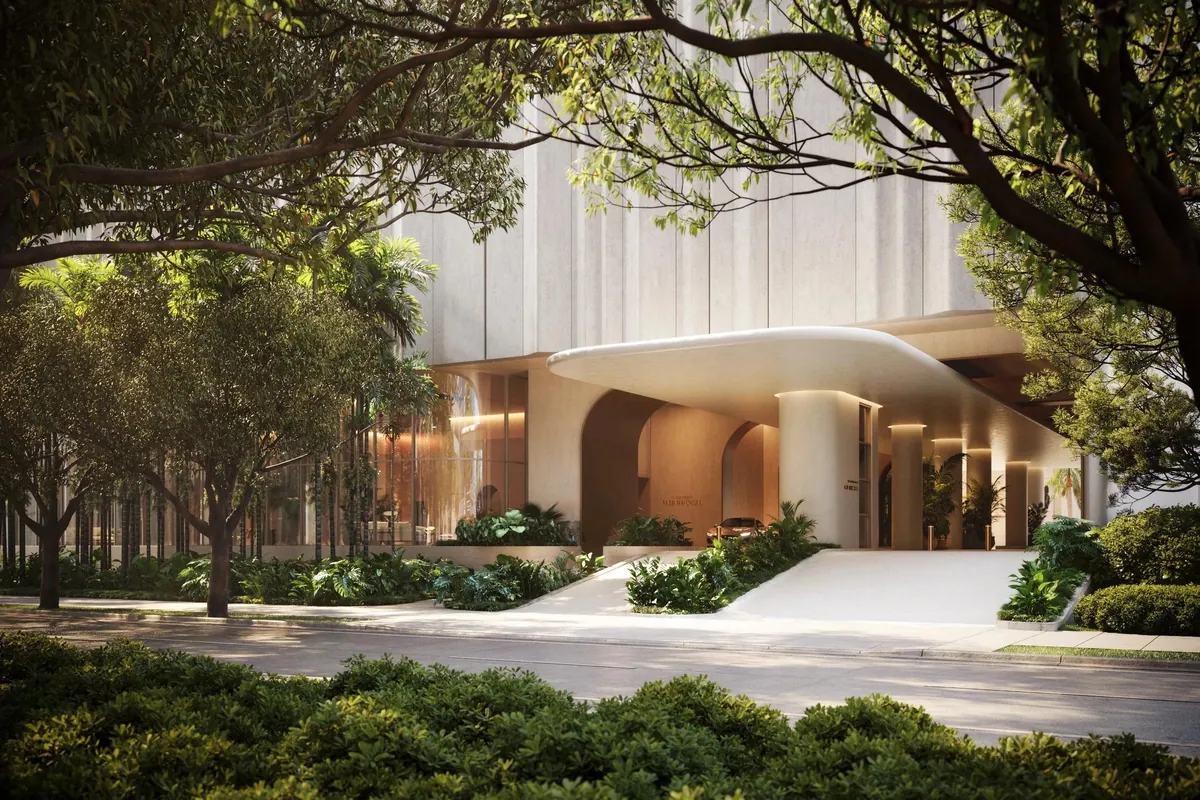 Render arquitectónico de la entrada residencial ajardinada de The Residences at 1428 Brickell.