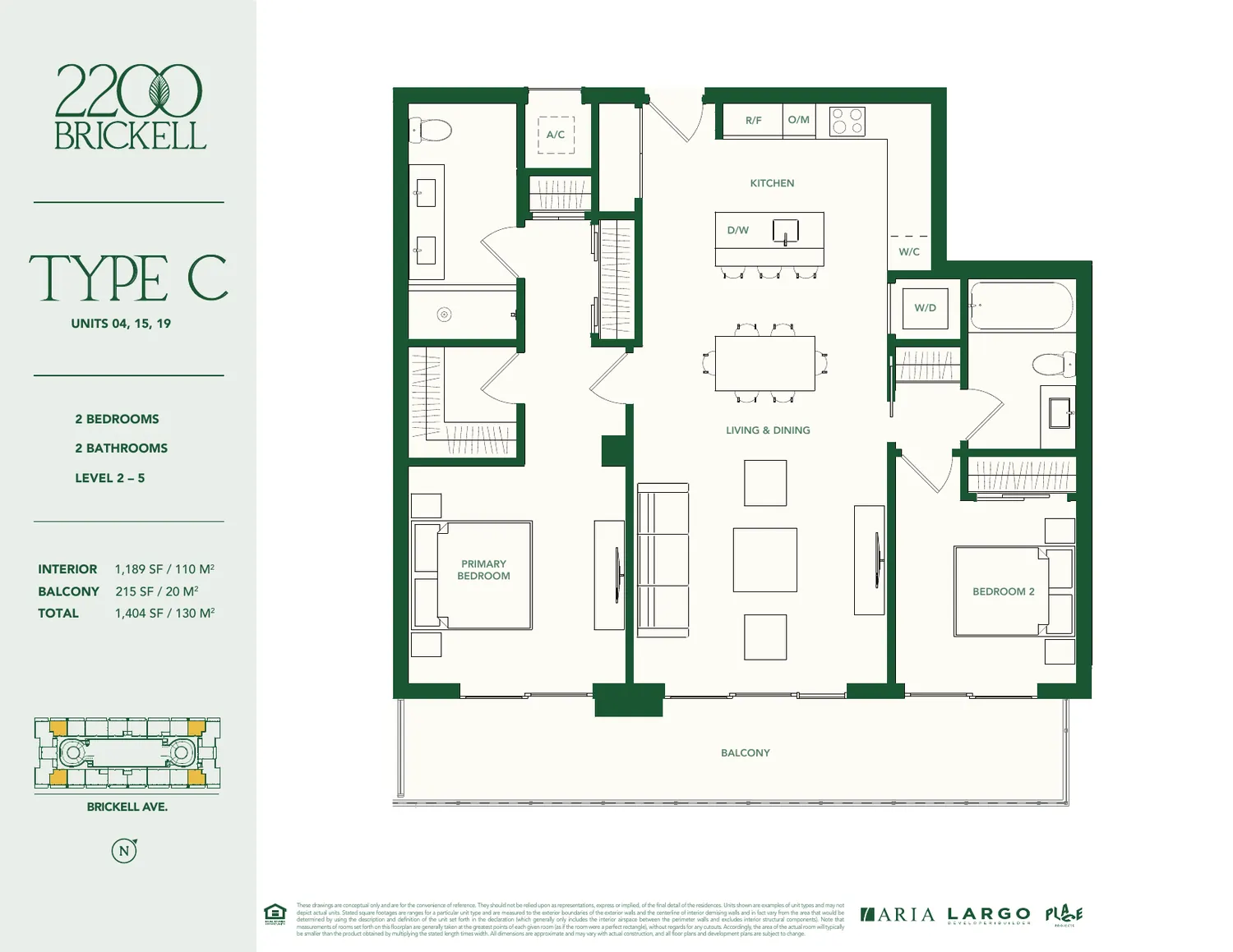 Plano del Tipo C en 2200 Brickell: dos rec&aacute;maras, dos ba&ntilde;os, 1,189 pies cuadrados interiores y balc&oacute;n de 215 pies cuadrados