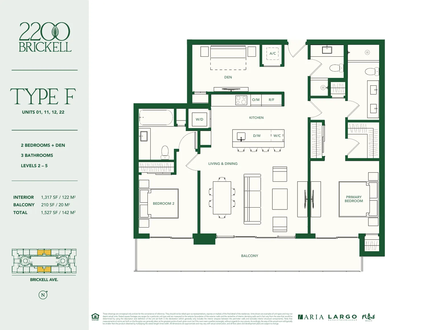 Plano del Tipo F en 2200 Brickell: dos rec&aacute;maras m&aacute;s den, tres ba&ntilde;os, 1,317 pies cuadrados interiores y balc&oacute;n de 210 pies cuadrados