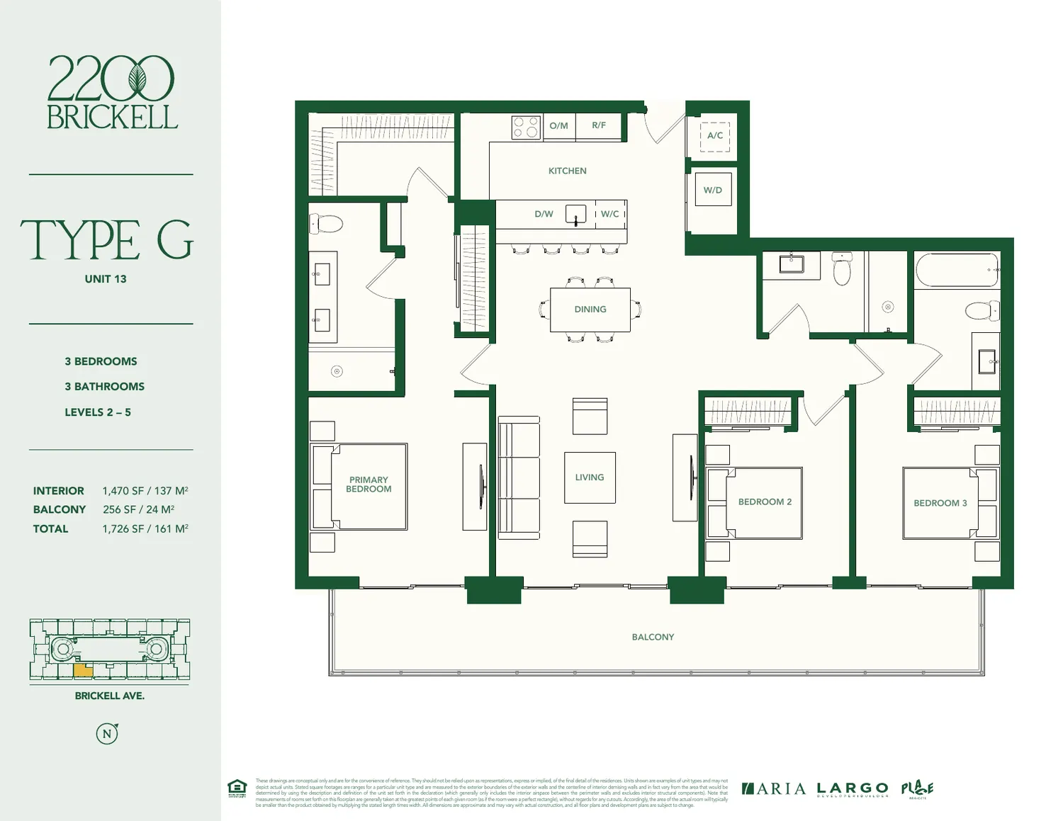 Plano del Tipo G en 2200 Brickell: tres rec&aacute;maras, tres ba&ntilde;os, 1,470 pies cuadrados interiores y balc&oacute;n de 256 pies cuadrados