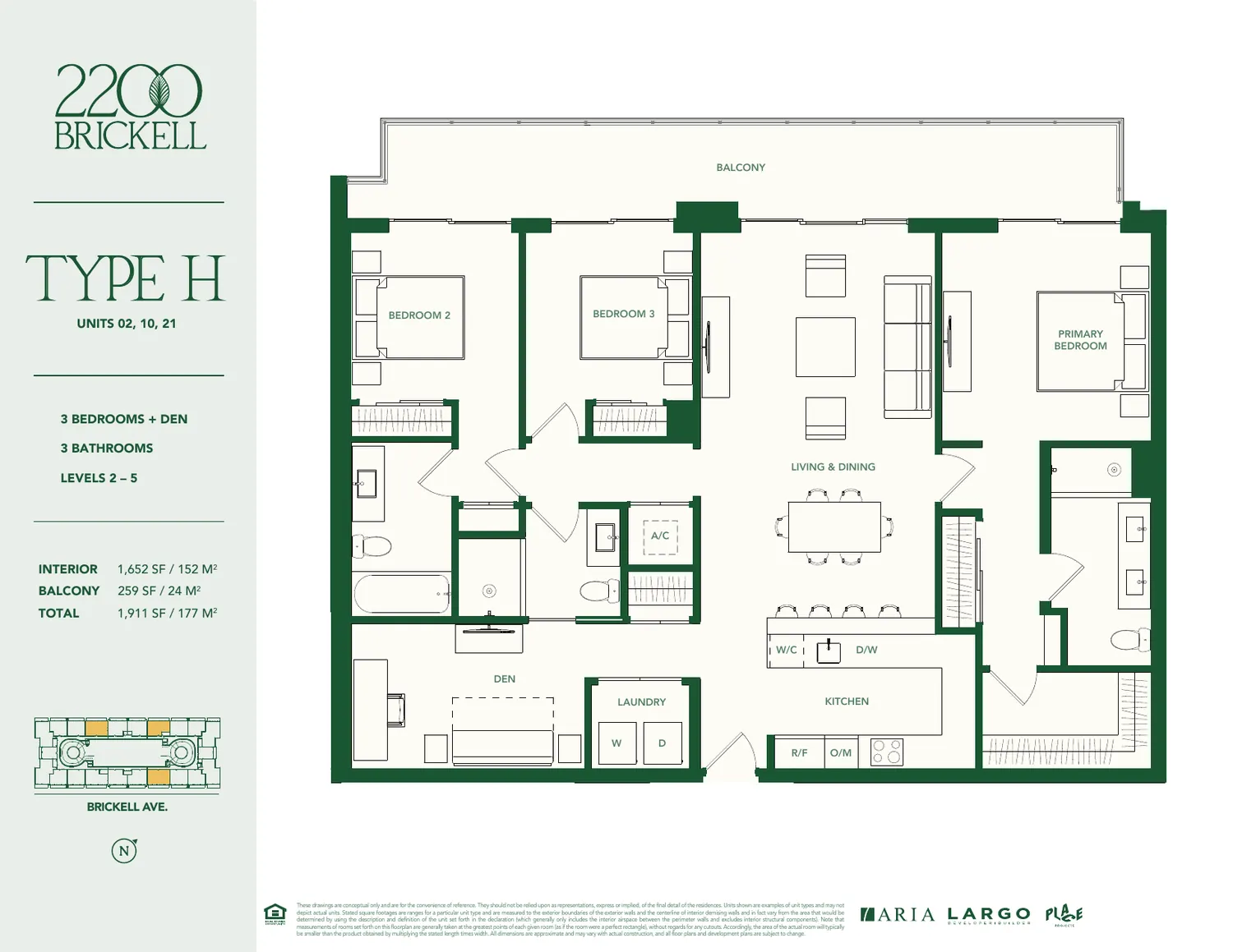Plano del Tipo H en 2200 Brickell: tres rec&aacute;maras m&aacute;s den, tres ba&ntilde;os, 1,652 pies cuadrados interiores y balc&oacute;n de 259 pies cuadrados