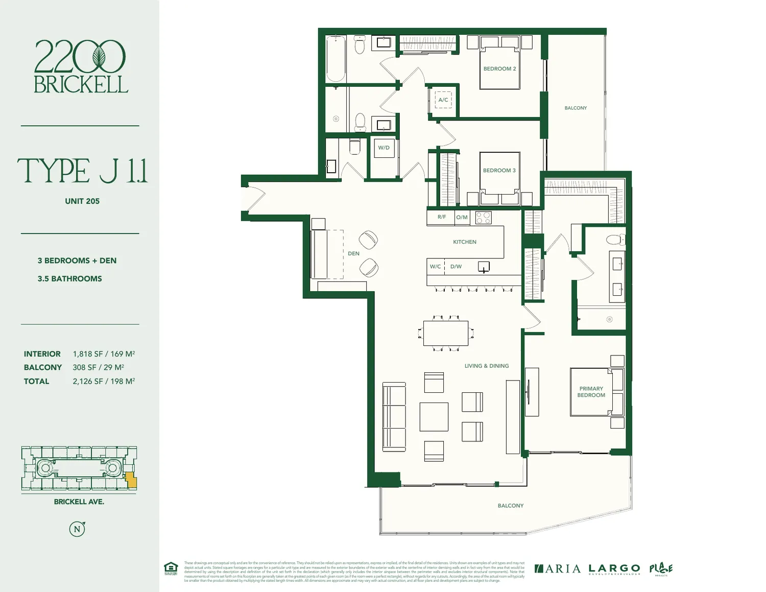 Plano del Tipo J 1.1 en 2200 Brickell: tres rec&aacute;maras m&aacute;s den, tres ba&ntilde;os y medio, 1,818 pies cuadrados interiores y balc&oacute;n de 308 pies cuadrados