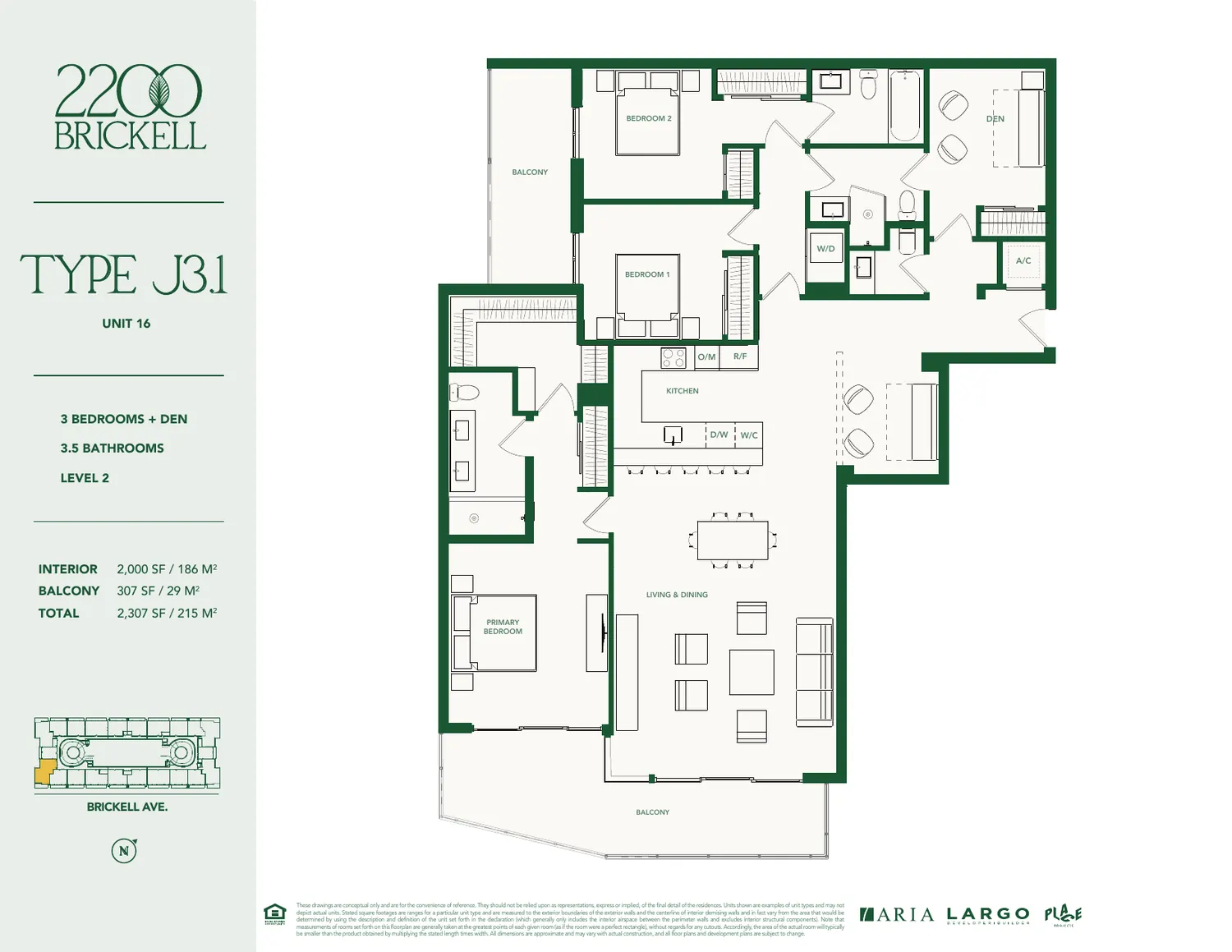 Plano del Tipo J3.1 en 2200 Brickell: tres rec&aacute;maras m&aacute;s den, tres ba&ntilde;os y medio, 2,000 pies cuadrados interiores y balc&oacute;n de 307 pies cuadrados