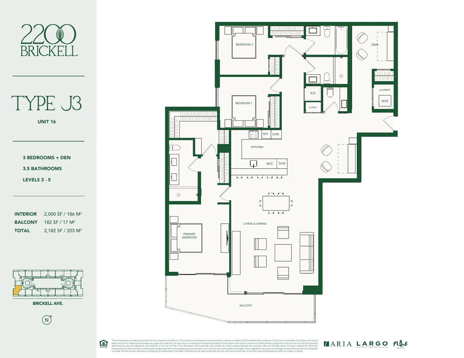 Plano del Tipo J3 en 2200 Brickell: tres rec&aacute;maras m&aacute;s den, tres ba&ntilde;os y medio, 2,000 pies cuadrados interiores y balc&oacute;n de 182 pies cuadrados
