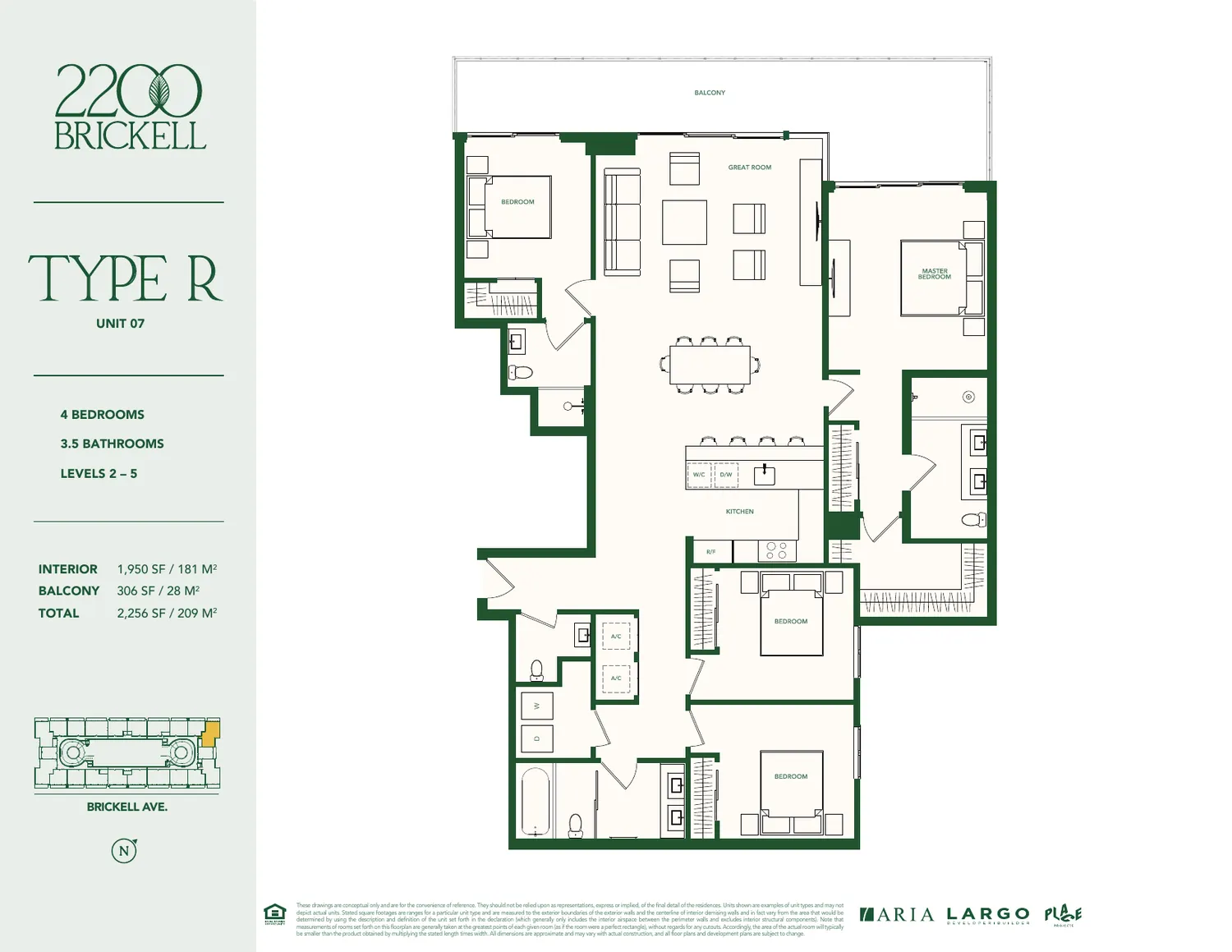 Plano del Tipo R en 2200 Brickell: cuatro rec&aacute;maras, tres ba&ntilde;os y medio, 1,950 pies cuadrados interiores y balc&oacute;n de 306 pies cuadrados