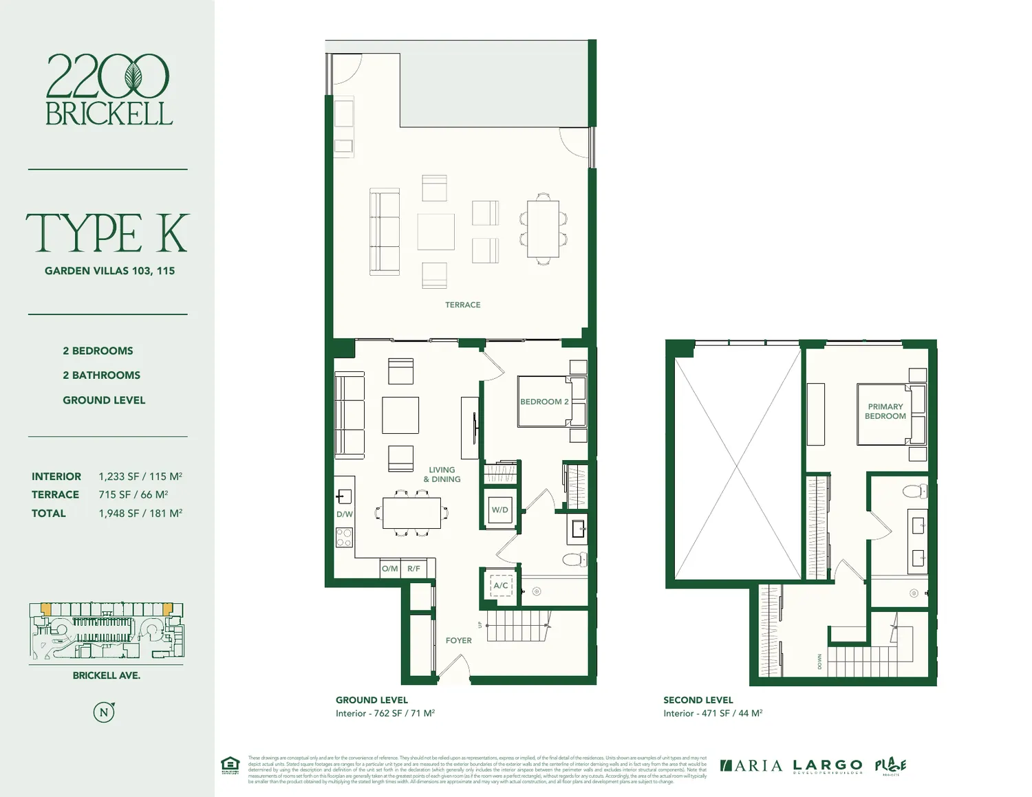Plano de la Garden Villa Tipo K en 2200 Brickell: dos rec&aacute;maras, dos ba&ntilde;os, 1,233 pies cuadrados interiores y terraza de 715 pies cuadrados