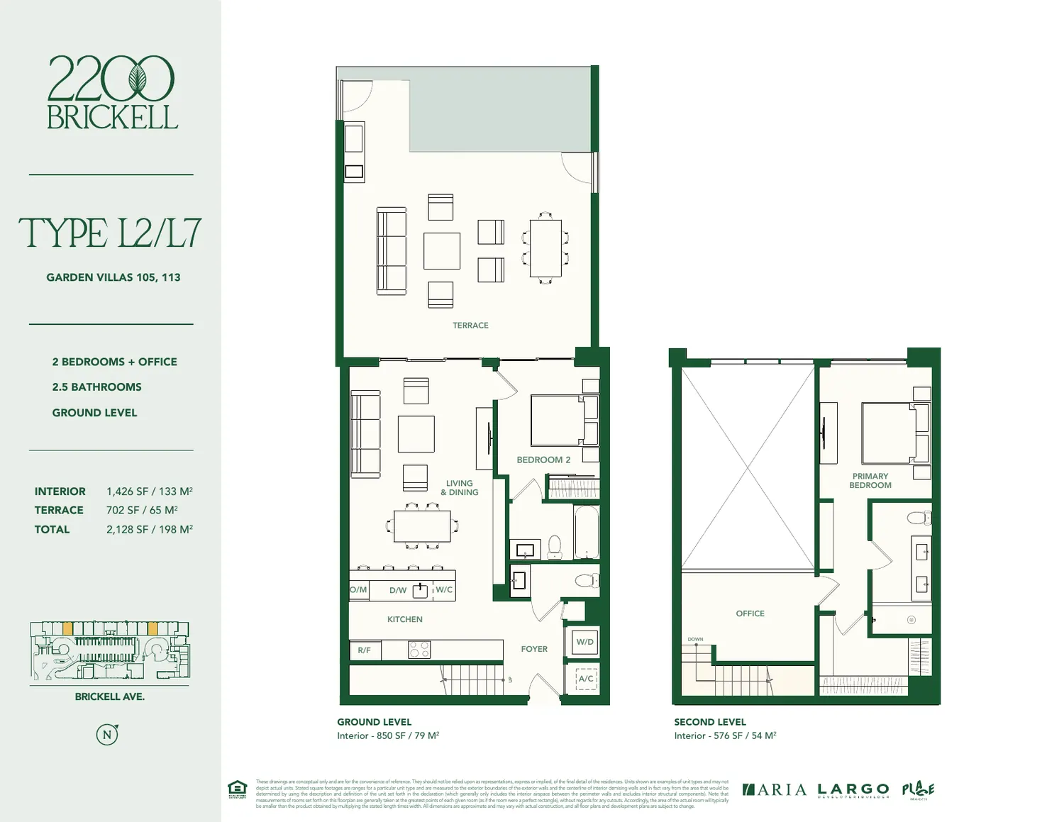 Plano de la Garden Villa Tipo L2 y L7 en 2200 Brickell: dos rec&aacute;maras m&aacute;s oficina, dos ba&ntilde;os y medio, 1,426 pies cuadrados interiores y terraza de 702 pies cuadrados