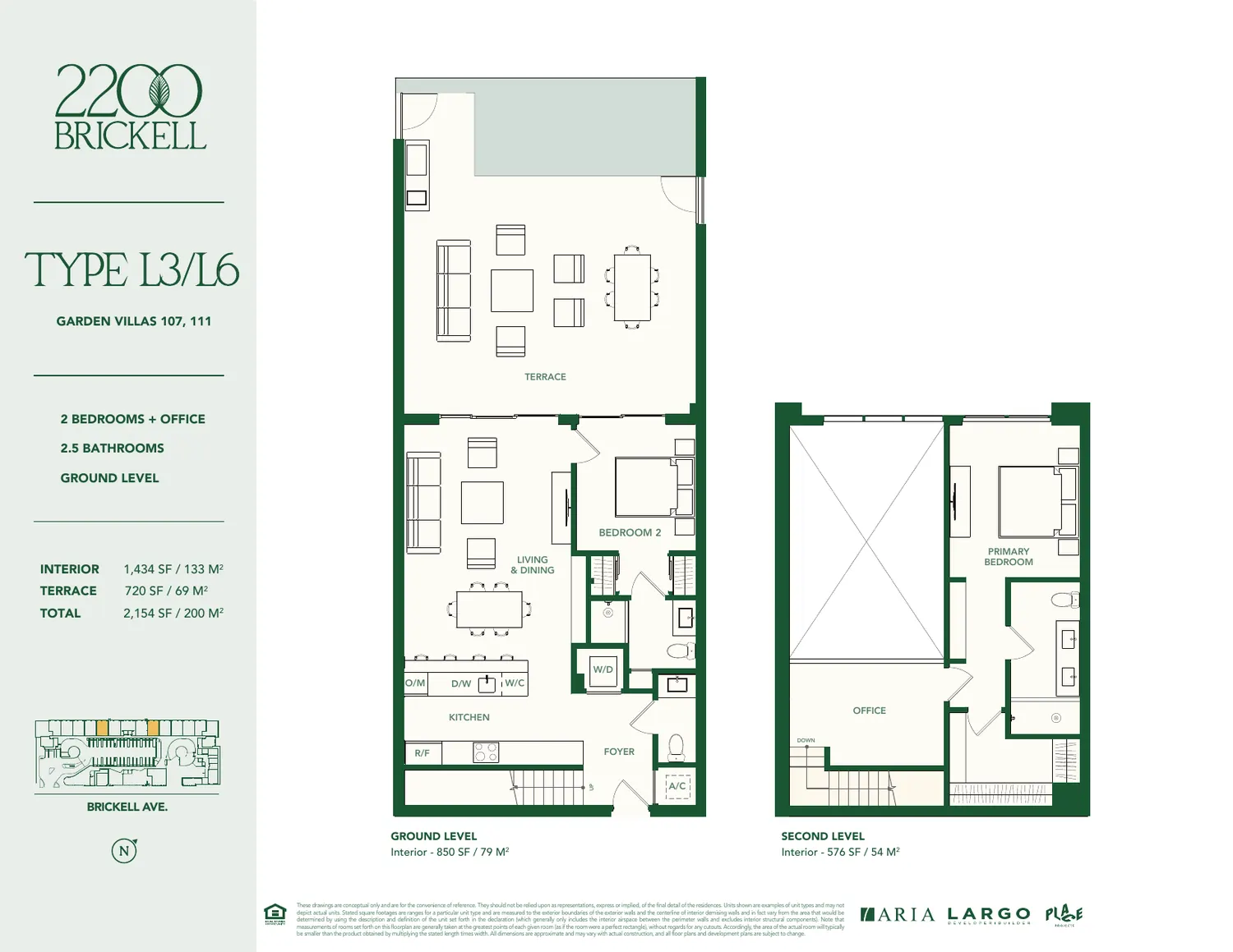 Plano de la Garden Villa Tipo L3 y L6 en 2200 Brickell: dos rec&aacute;maras m&aacute;s oficina, dos ba&ntilde;os y medio, 1,434 pies cuadrados interiores y terraza de 720 pies cuadrados