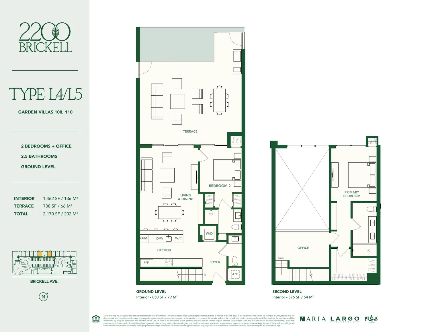 Plano de la Garden Villa Tipo L4 y L5 en 2200 Brickell: dos rec&aacute;maras m&aacute;s oficina, dos ba&ntilde;os y medio, 1,462 pies cuadrados interiores y terraza de 708 pies cuadrados
