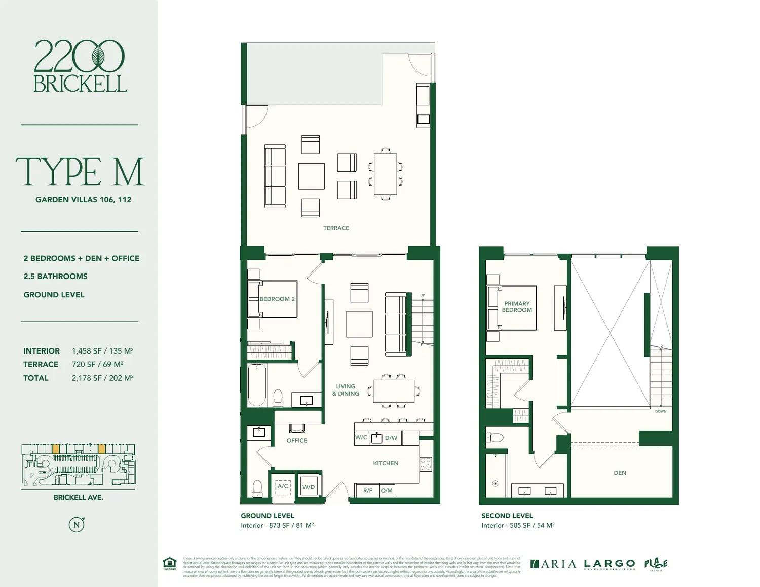 Plano de la Garden Villa Tipo M en 2200 Brickell: dos rec&aacute;maras m&aacute;s den y oficina, dos ba&ntilde;os y medio, 1,458 pies cuadrados interiores y terraza de 720 pies cuadrados