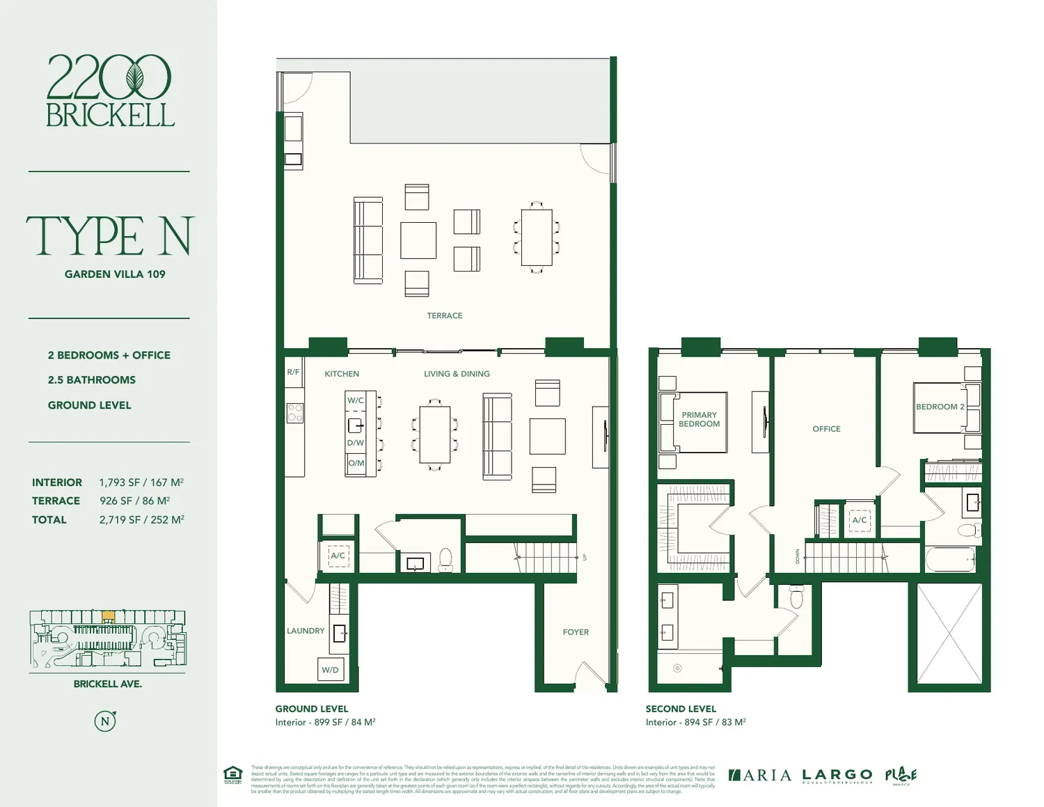 Plano de la Garden Villa Tipo N en 2200 Brickell: dos rec&aacute;maras m&aacute;s oficina, dos ba&ntilde;os y medio, 1,793 pies cuadrados interiores y terraza de 926 pies cuadrados