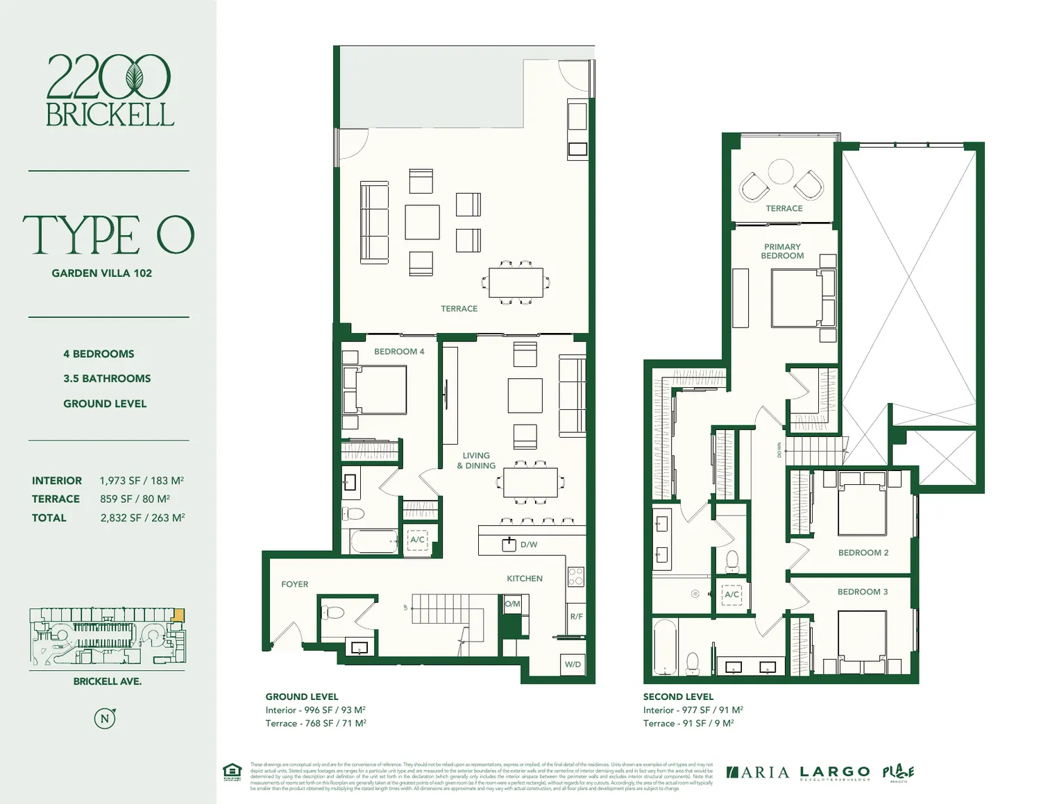Plano de la Garden Villa Tipo O en 2200 Brickell: cuatro rec&aacute;maras, tres ba&ntilde;os y medio, 1,973 pies cuadrados interiores y terraza de 859 pies cuadrados