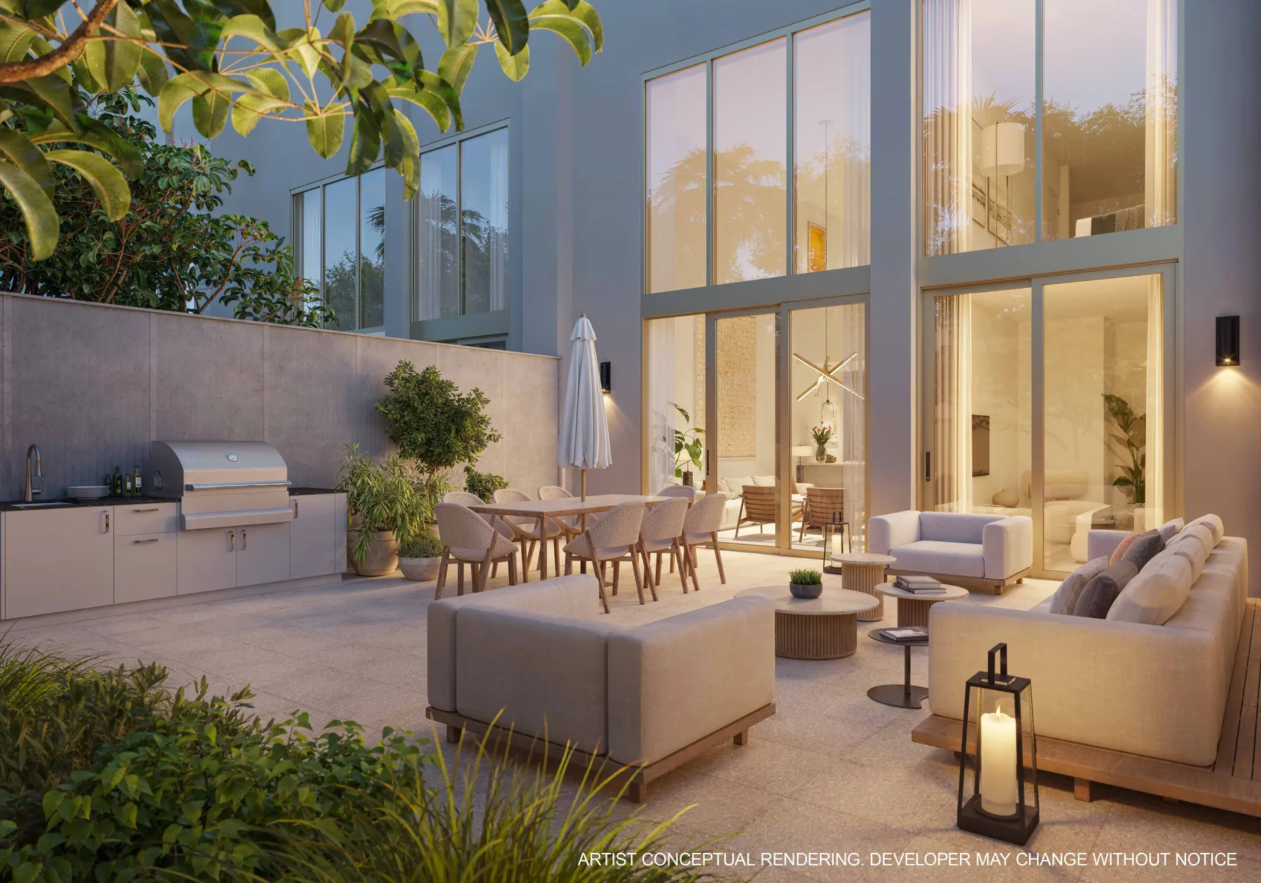 Representaci&oacute;n conceptual del artista de la terraza de una Garden Villa en 2200 Brickell, con comedor exterior, bordes ajardinados y el nivel jard&iacute;n del edificio al fondo
