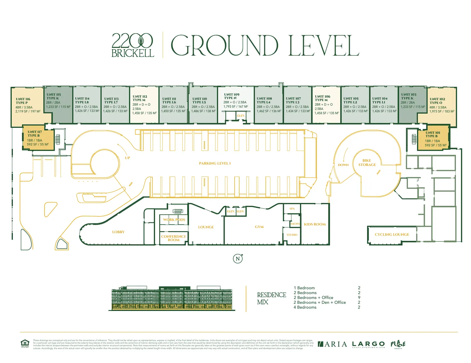 Key plate del nivel jard&iacute;n de 2200 Brickell con las quince Garden Villas, las dos residencias de una rec&aacute;mara y las &aacute;reas de amenidades