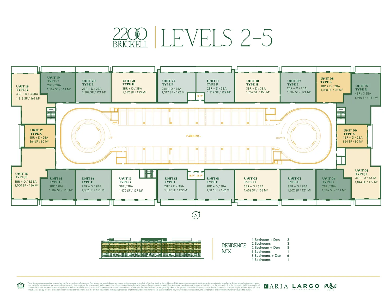 Key plate de los niveles 2 al 5 de 2200 Brickell con la posici&oacute;n y el tipo de las veintid&oacute;s residencias de cada piso