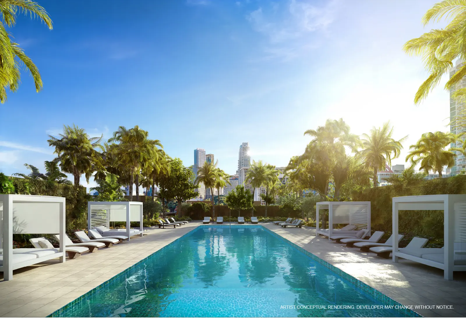 Representaci&oacute;n conceptual del artista de la Oasis Pool & Spa en el nivel de azotea de un acre de 2200 Brickell, con piscina estilo resort, camastros, caba&ntilde;as y palmeras maduras