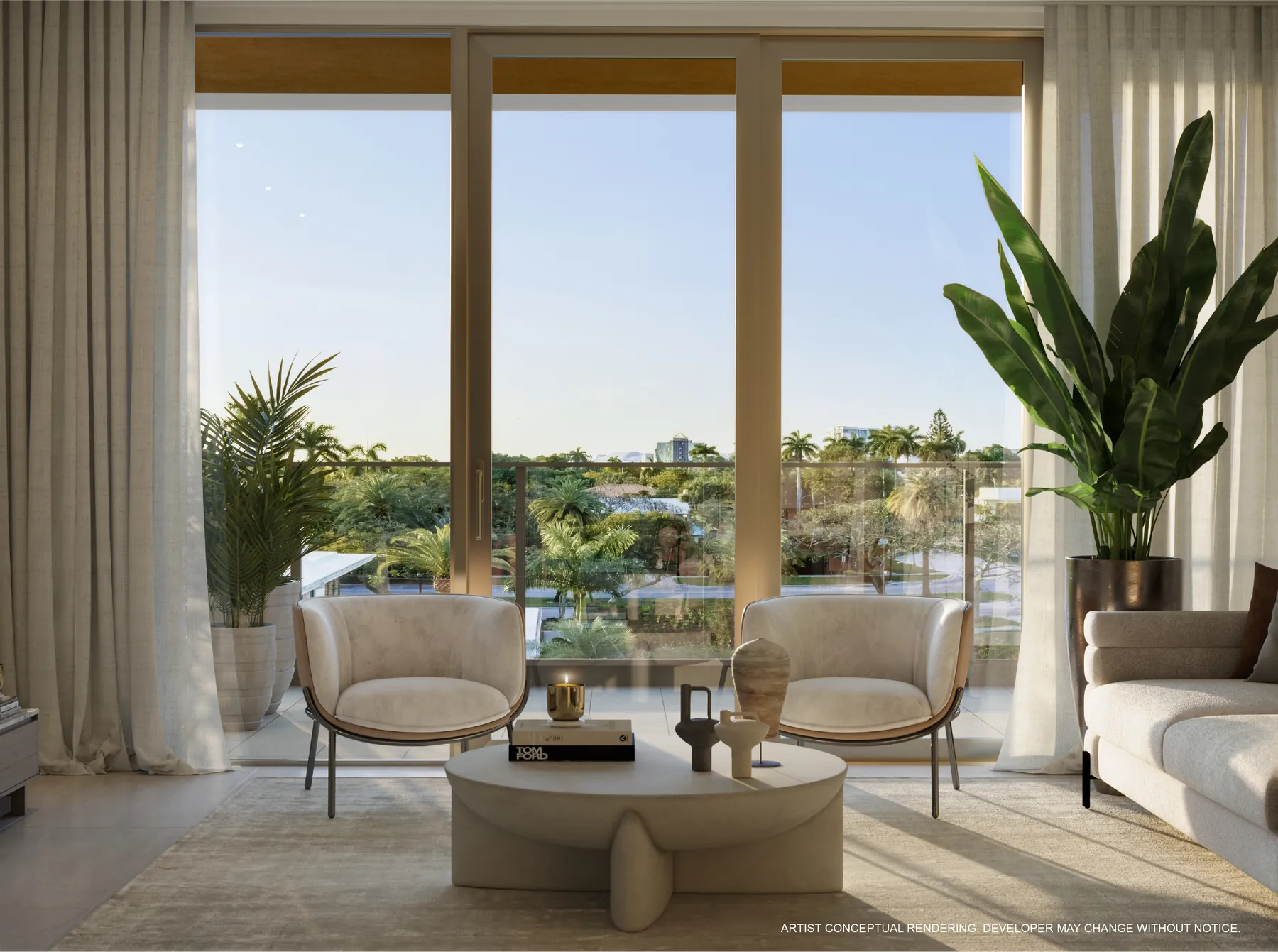 Representaci&oacute;n conceptual del artista del interior de una residencia en 2200 Brickell, con vidrio de impacto de piso a techo, puertas corredizas al balc&oacute;n, piso cer&aacute;mico de gran formato y vista hacia la arboleda