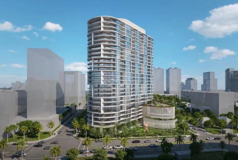 Render aéreo de la torre propuesta en 464 Fern Street dentro de la trama urbana del downtown de West Palm Beach, con los edificios vecinos representados en volumen blanco