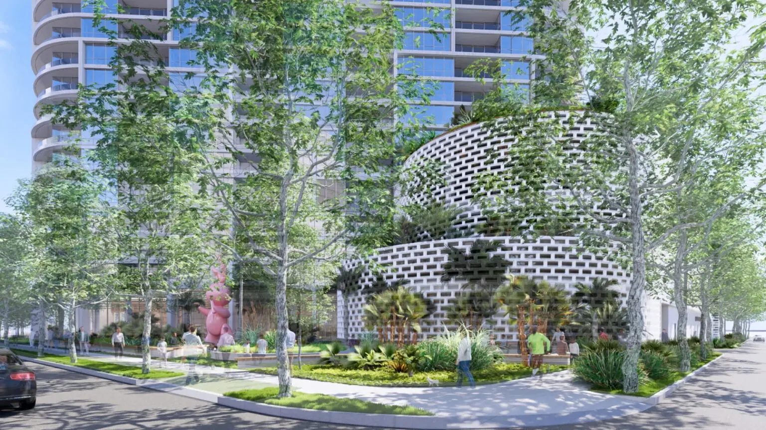 Render de la plaza ajardinada en la esquina de 464 Fern Street con árboles de sombra, bancos, una escultura y la celosía vegetal del podio al fondo