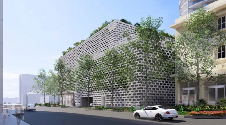 Render del podio de estacionamiento perforado y con vegetación propuesto en 464 Fern Street, con árboles a lo largo de la acera