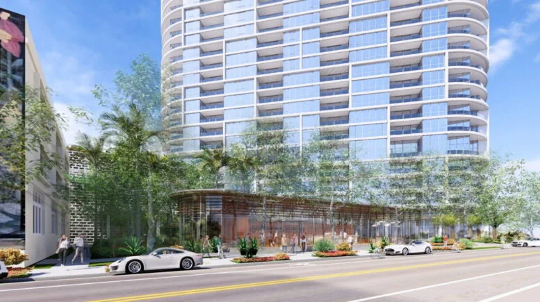 Render a nivel de calle de la torre propuesta en 464 Fern Street con balcones en bandas sobre un frente comercial en planta baja