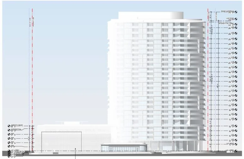 Dibujo de elevación arquitectónica de la torre propuesta en 464 Fern Street, West Palm Beach, con los niveles y alturas señalados