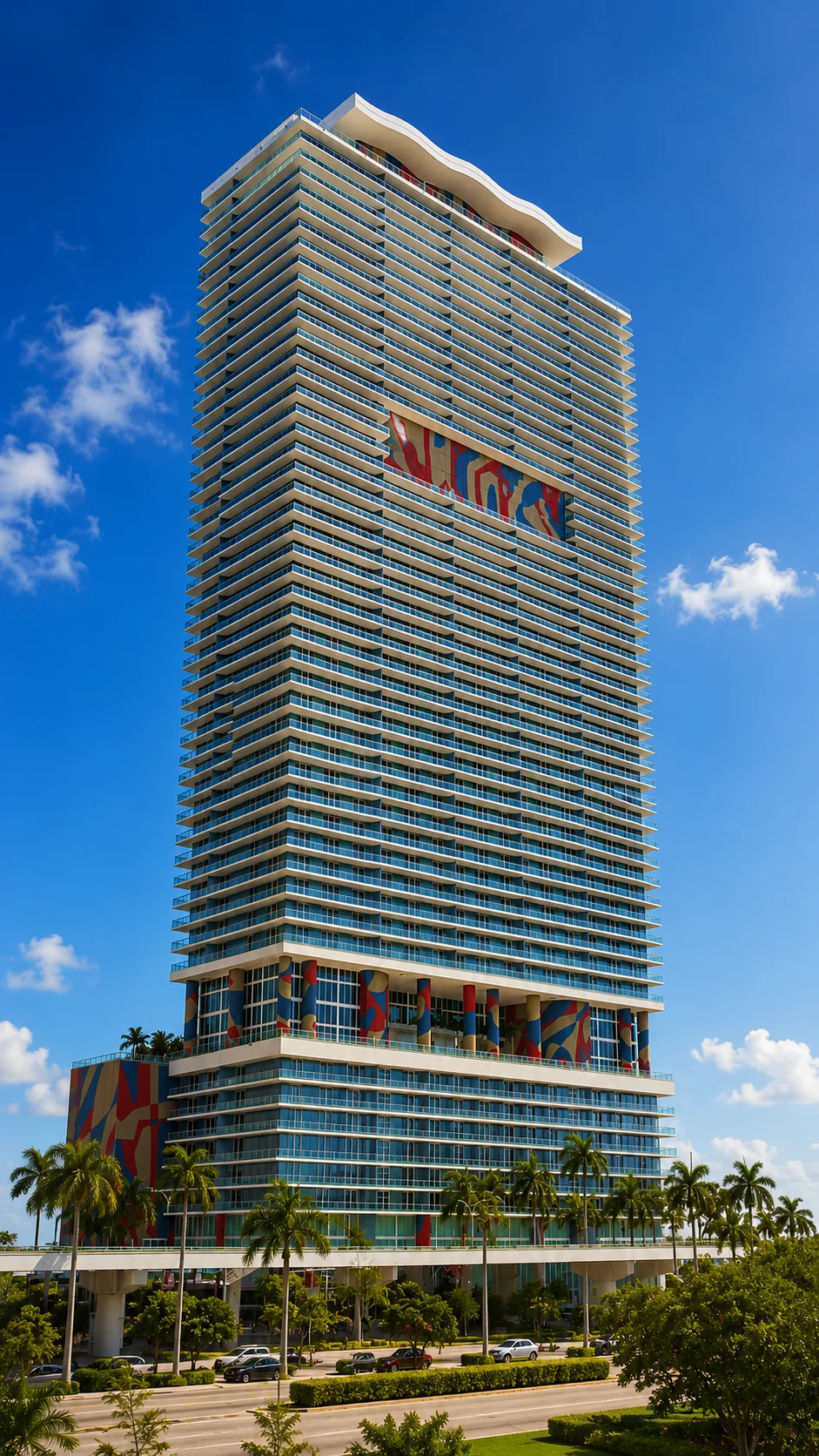 50 Biscayne tower with its signature abstract murals on Biscayne Boulevard, across from Bayfront Park in Downtown Miami
