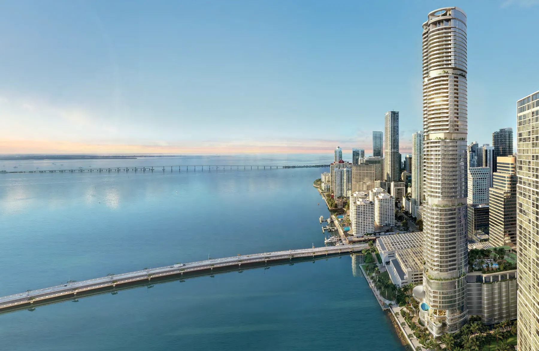 Artist's conceptual rendering of the sculptural 619 Brickell tower by Foster + Partners, its form rotating toward Biscayne Bay