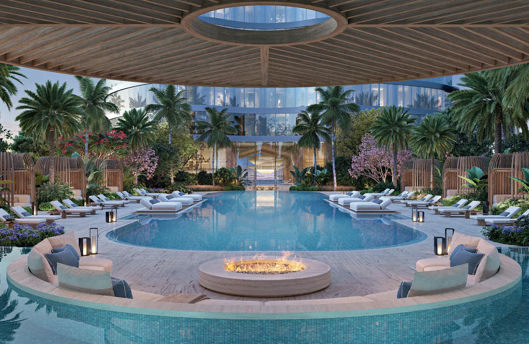 Artist's conceptual rendering of the 86-foot sunset pool and podium amenity deck at 619 Brickell overlooking Biscayne Bay