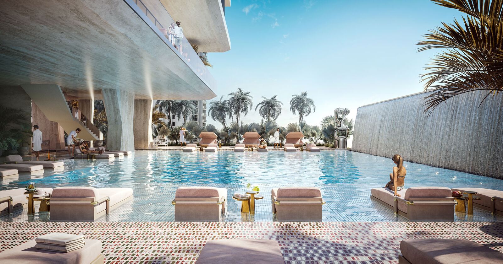 Club de piscina estilo resort con cascada y camastros de dise&ntilde;ador en 888 Brickell by Dolce&Gabbana