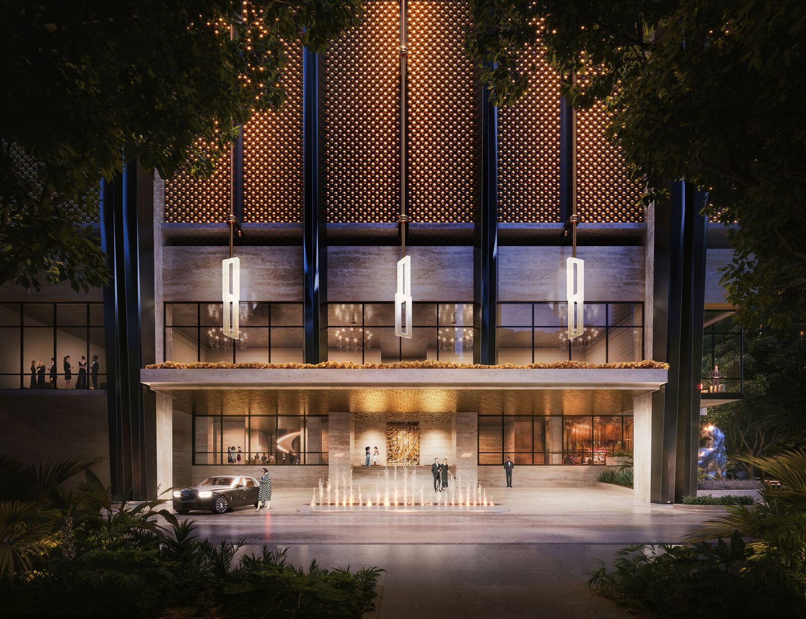 Entrada porte-coch&egrave;re con iluminaci&oacute;n dorada en 888 Brickell by Dolce&Gabbana en Brickell, Miami