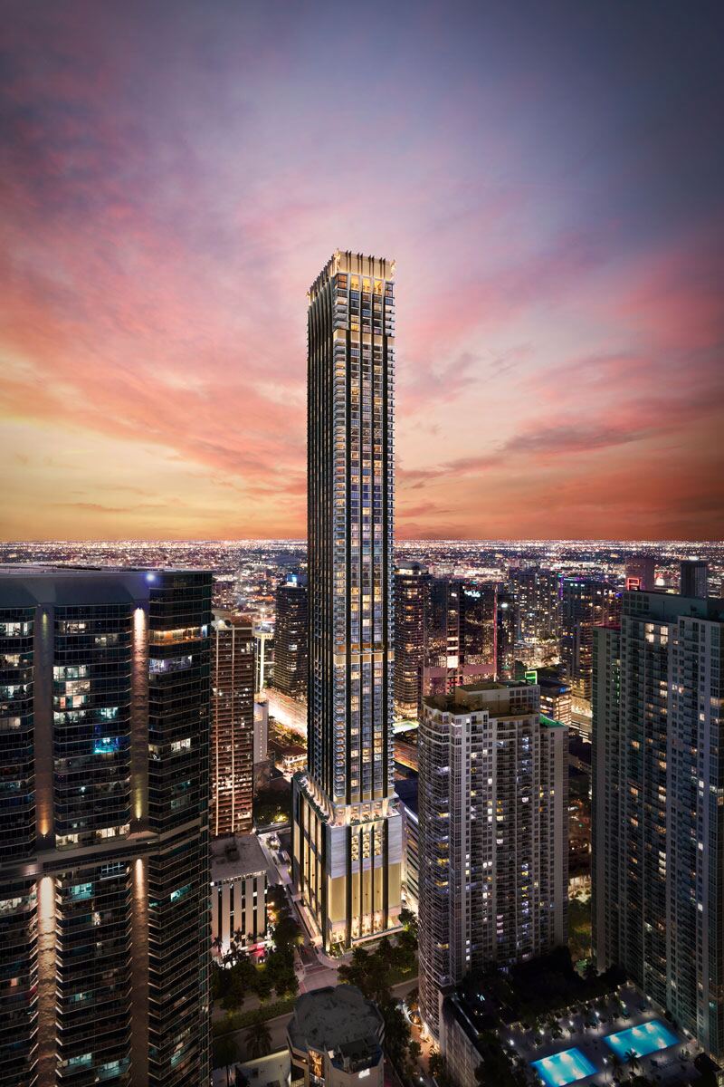 Render exterior de 888 Brickell by Dolce&Gabbana, la torre residencial m&aacute;s alta de Miami al atardecer
