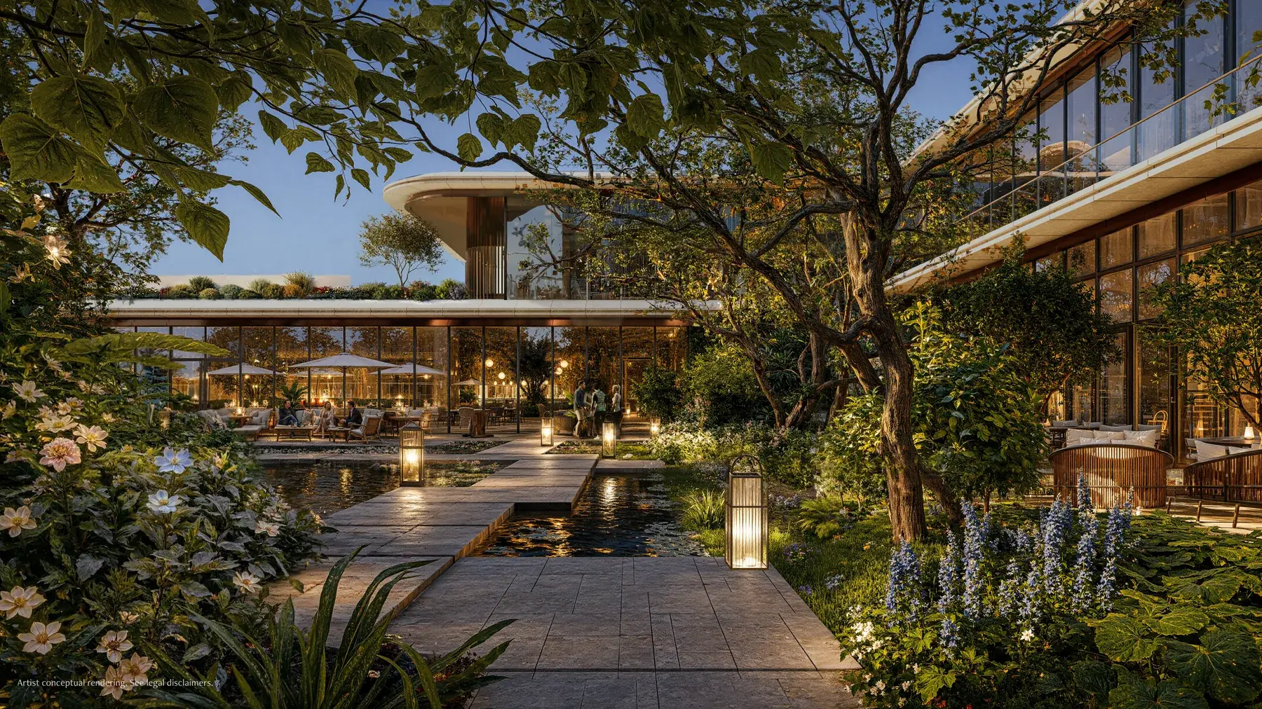 Artist's conceptual rendering of the lantern-lit Thai-inspired garden sanctuary, reflecting pond and glass pavilions at Anantara Residences Miami at night