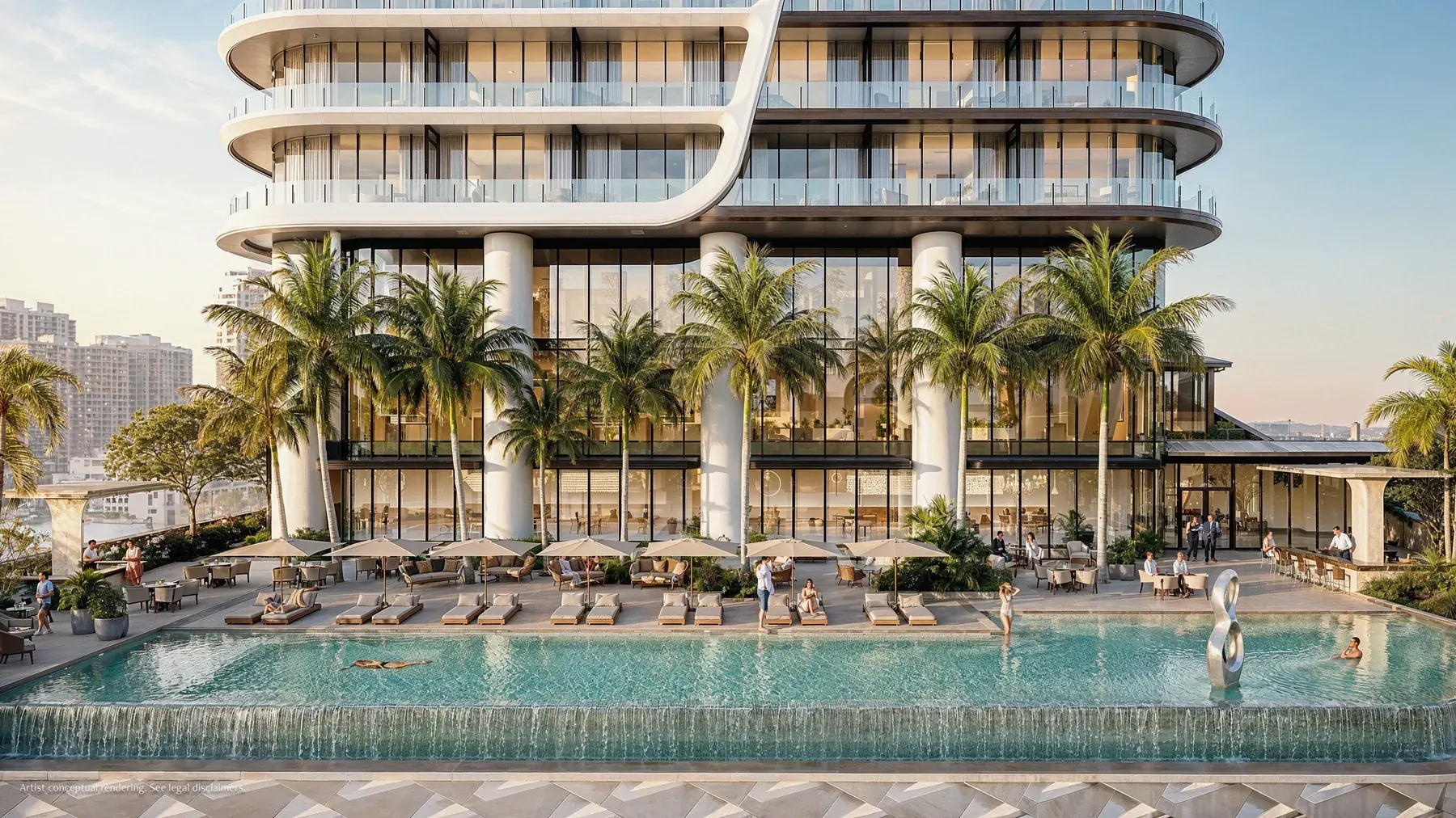 Artist's conceptual rendering of the resort pool terrace with palms, cabanas and lounge seating at the base of the Anantara Residences Miami tower