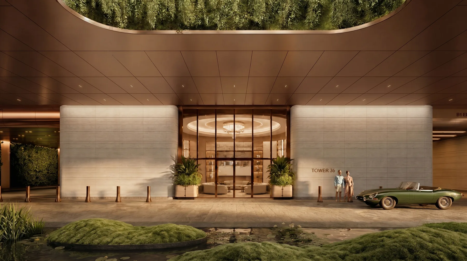 Artist's conceptual rendering of the private residential arrival entrance at Anantara Residences Miami, framed by travertine walls, a bronze soffit and landscaped water gardens