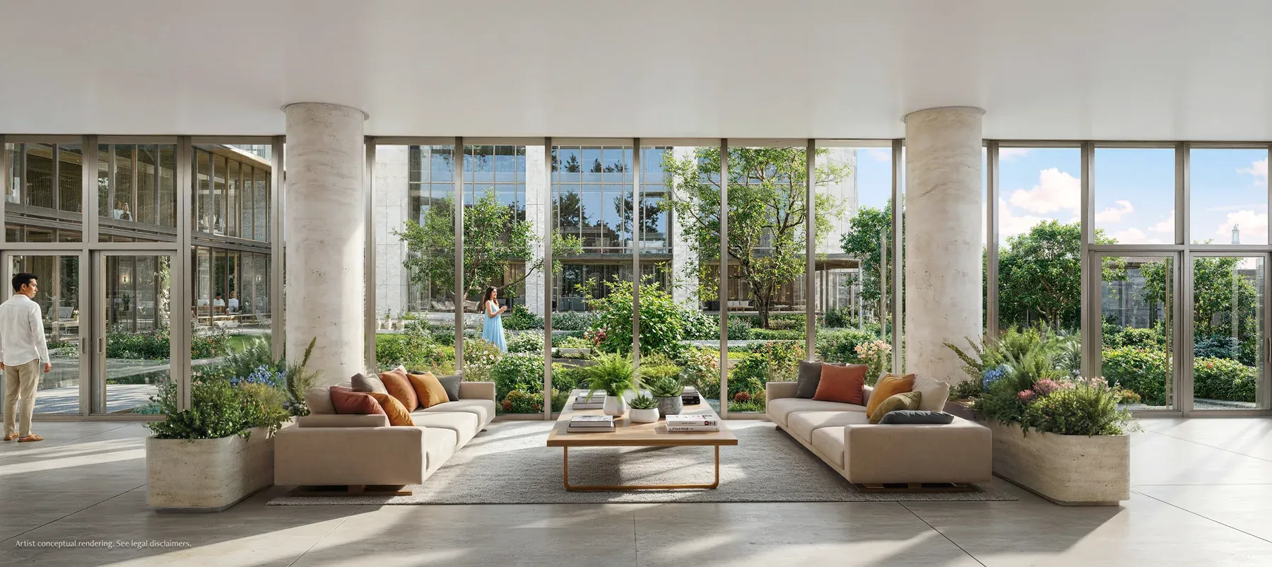 Artist's conceptual rendering of the light-filled residential lobby lounge at Anantara Residences Miami opening onto the landscaped gardens