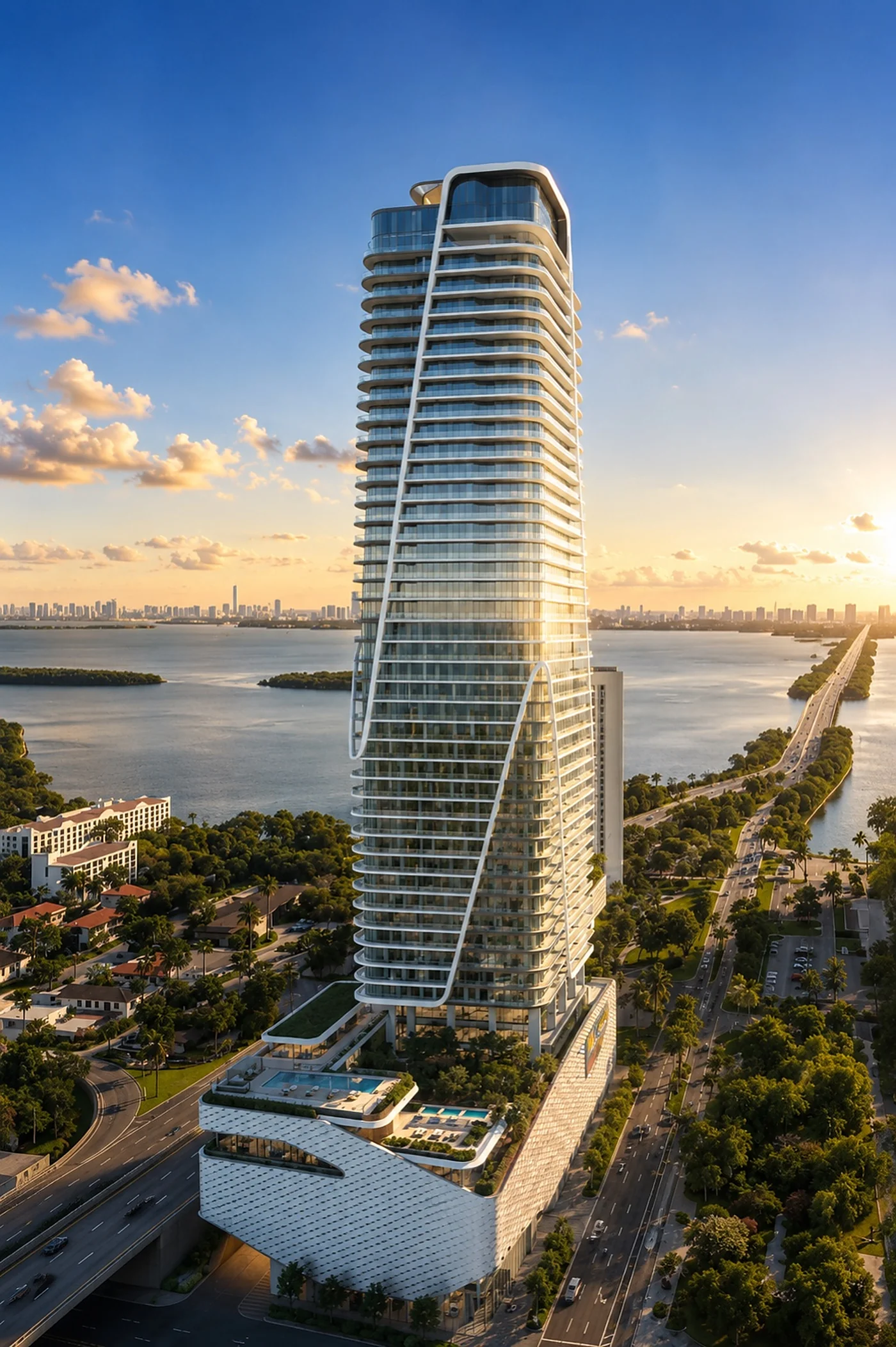 Artist's conceptual rendering of the full Anantara Residences Miami tower in Edgewater, from the sculptural diamond-patterned podium to the crown, above Biscayne Bay