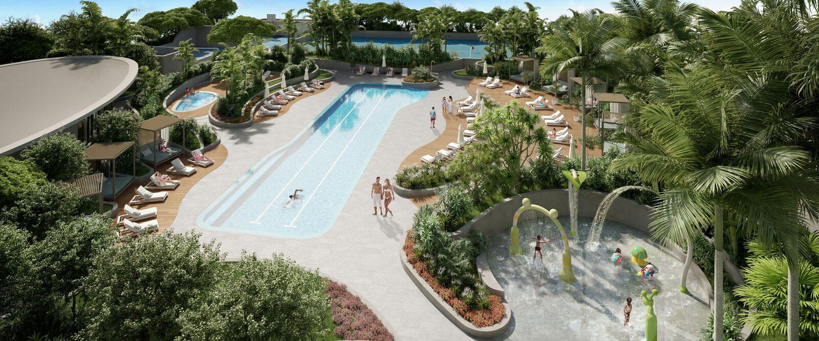 Terraza de amenidades estilo resort con piscina semiol&iacute;mpica y zona infantil en Aria Reserve Miami