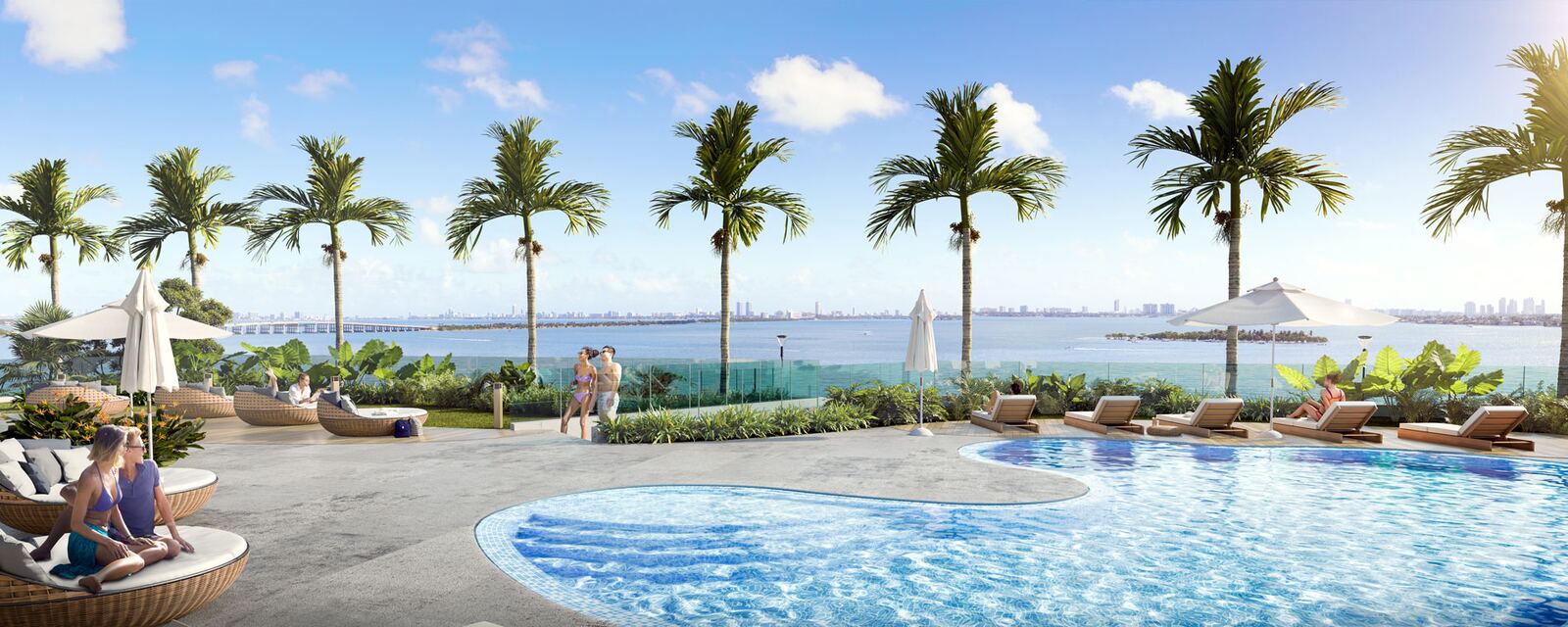Terraza de piscina frente a Biscayne Bay en Aria Reserve Miami