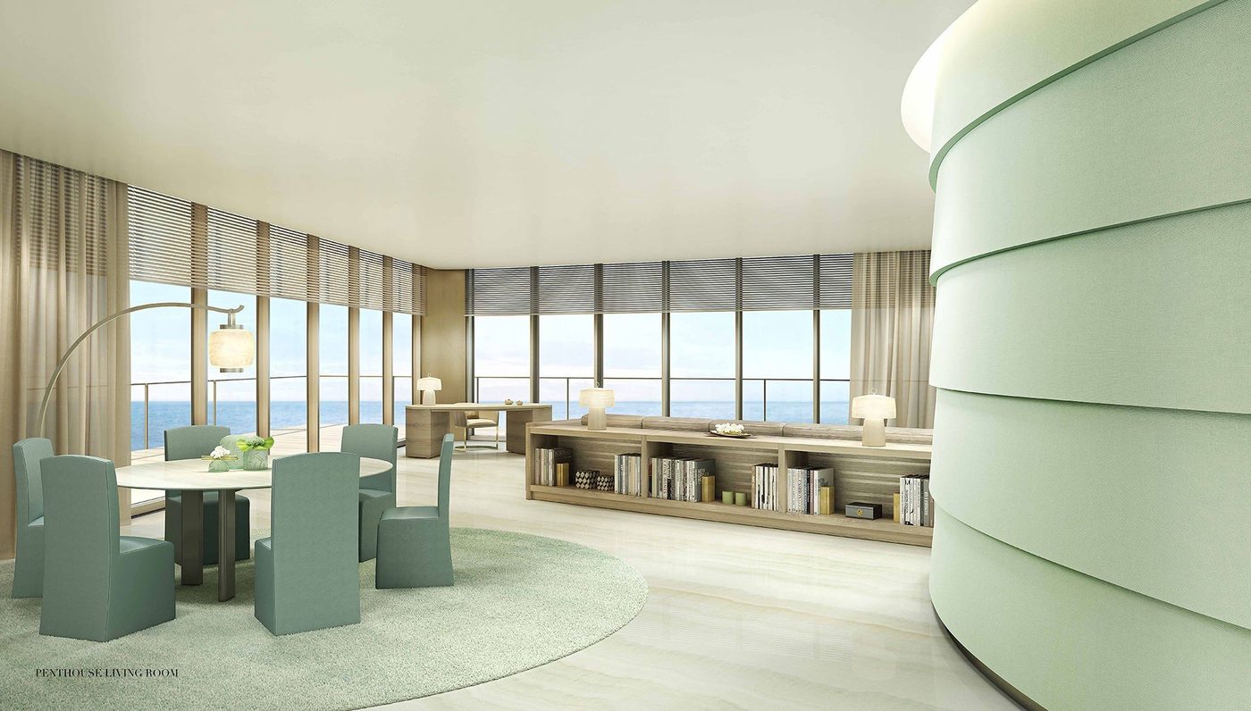 Sala de estar de penthouse en Residences by Armani/Casa con ventanales de piso a techo y vistas al Oc&eacute;ano Atl&aacute;ntico en Sunny Isles Beach, Miami