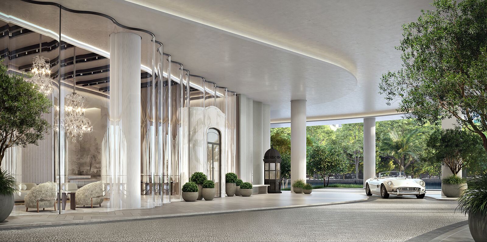 Crystal chandelier porte-coch&egrave;re arrival at Baccarat Residences Miami on Brickell Avenue