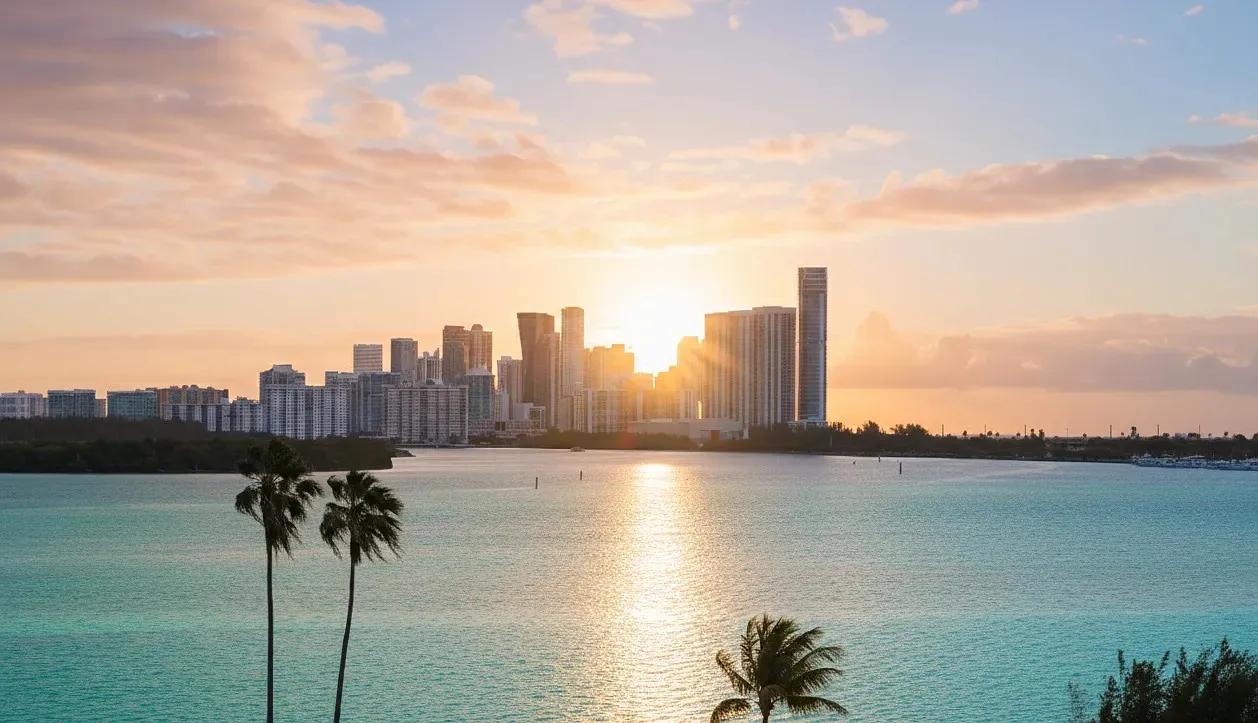 Bal Harbour, Florida oceanfront skyline at sunset with luxury condominium towers, turquoise water, and palm trees