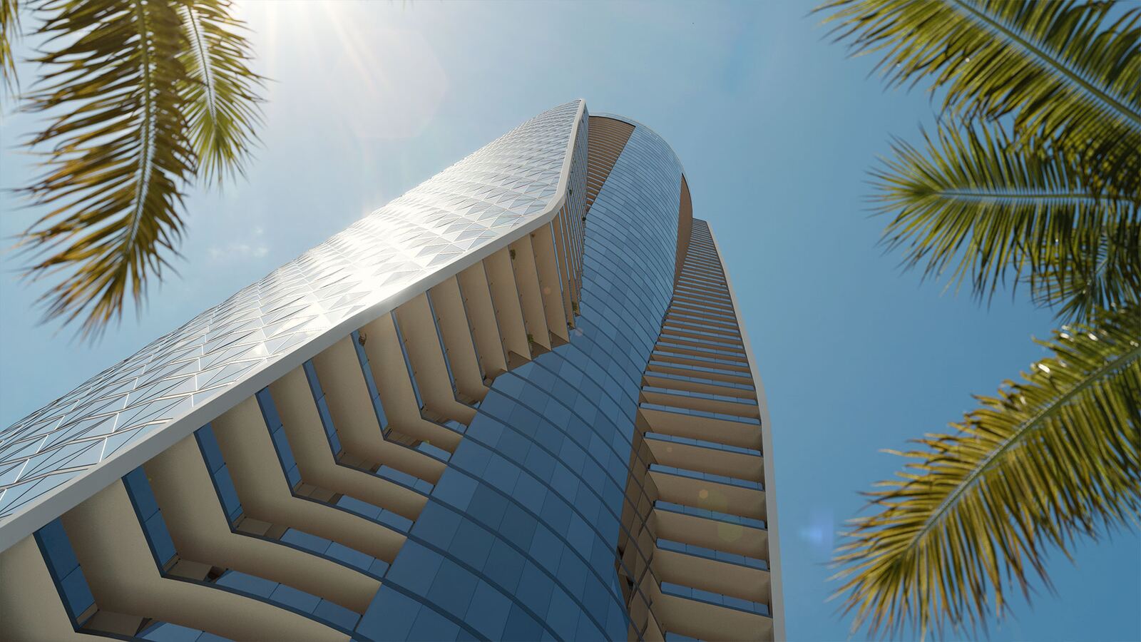 Vista hacia arriba de la fachada de cristal con patr&oacute;n de diamantes de Bentley Residences entre palmeras