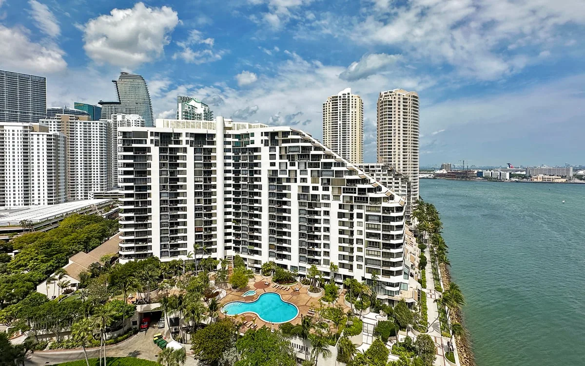 Brickell Key One waterfront condominium tower on Brickell Key island in Miami