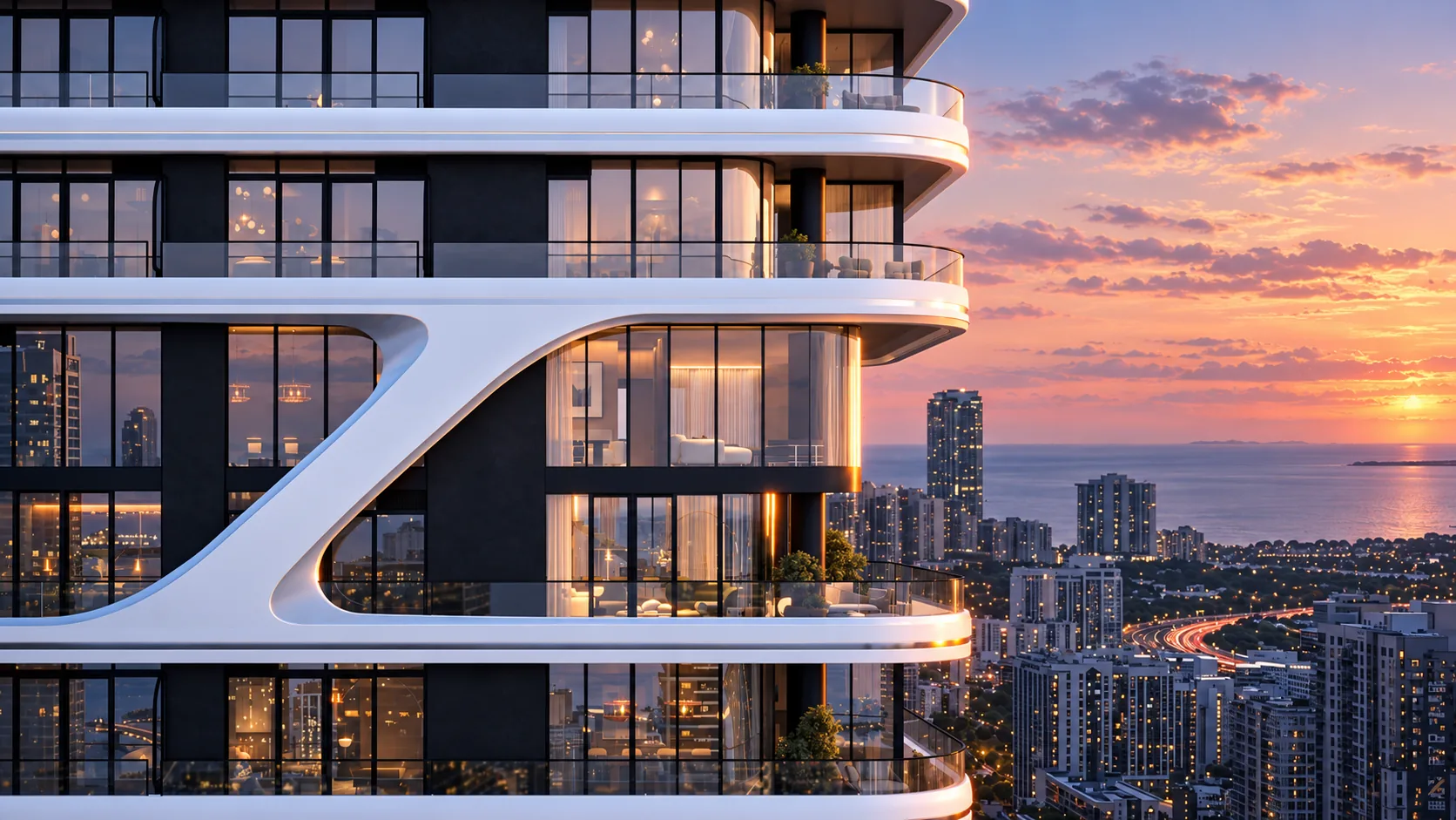 Representaci&oacute;n ilustrativa en primer plano de franjas curvas blancas de balcones y un marco esculpido que recorre la fachada de vidrio de Bugatti Residences Miami al atardecer