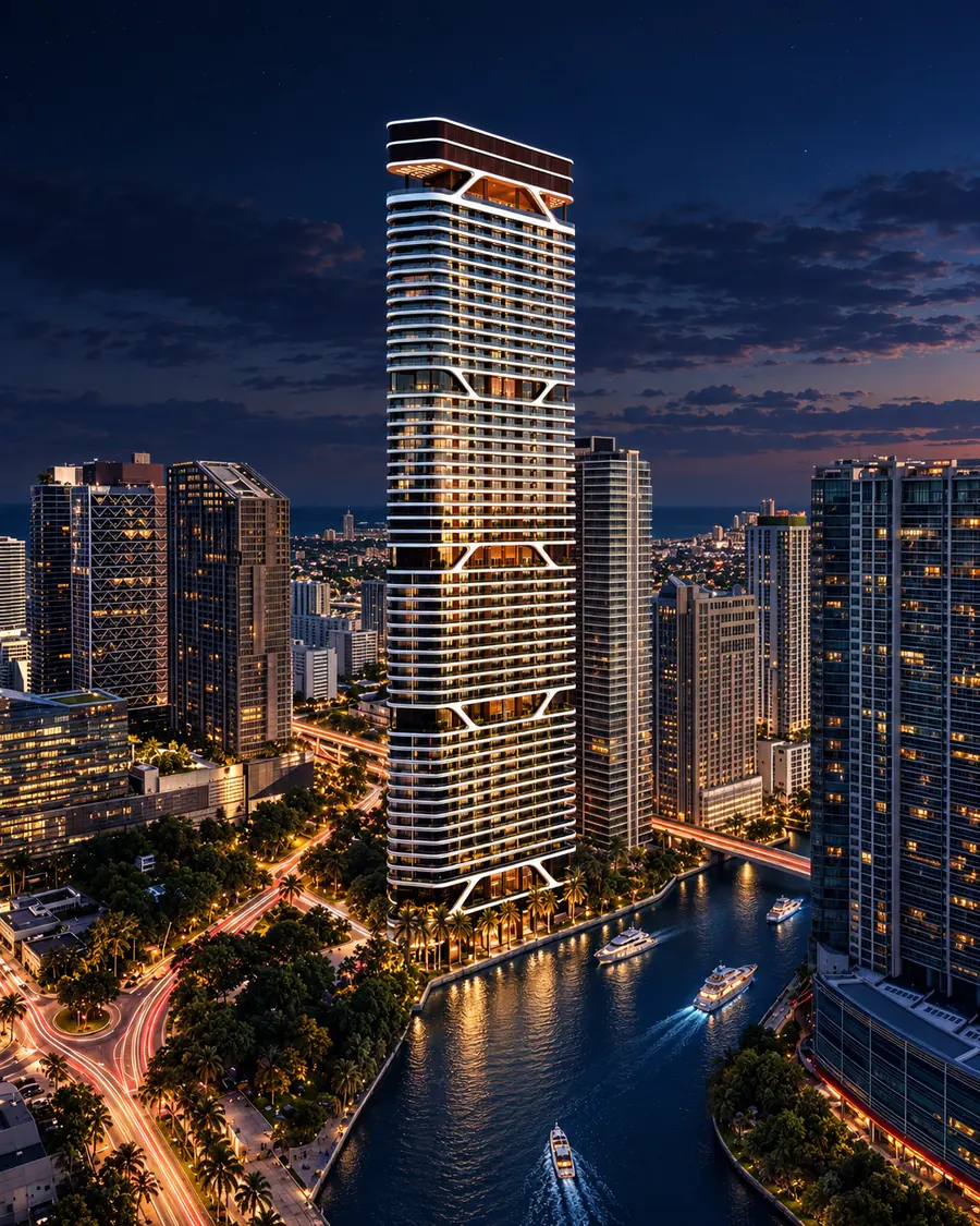 Representaci&oacute;n ilustrativa nocturna de la torre Bugatti Residences Miami iluminada sobre el r&iacute;o Miami, con estelas de luz en las calles