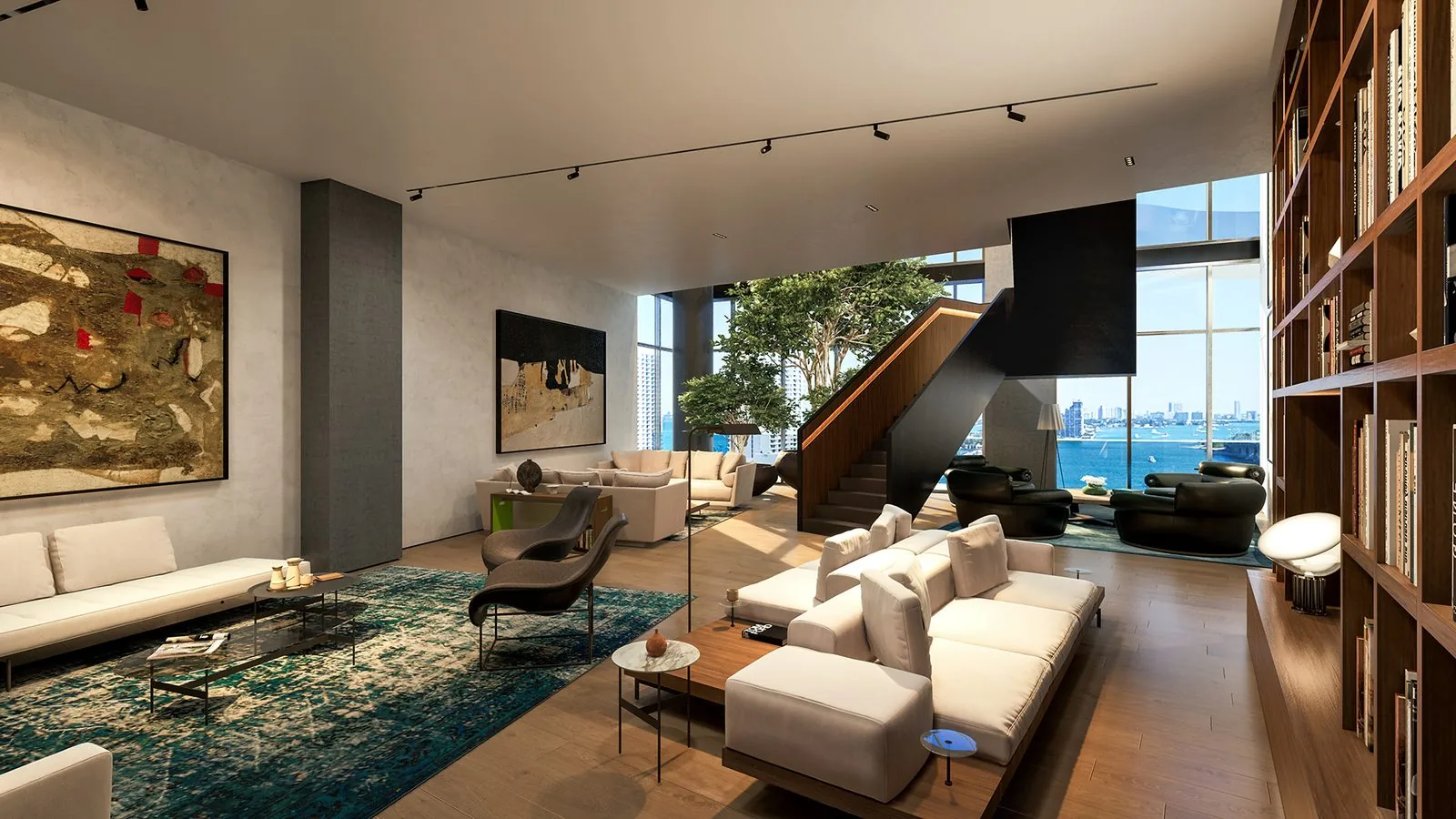 Biblioteca y sal&oacute;n de doble altura en Casa Bella Residences by B&B Italia con vistas a la bah&iacute;a (render conceptual del artista)