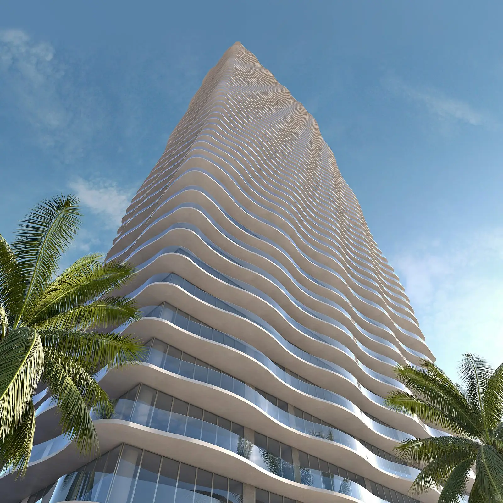 Render del exterior de Casa Bella Residences by B&B Italia &mdash; la torre escultural de balcones ondulados contra el cielo de Miami (render conceptual del artista)
