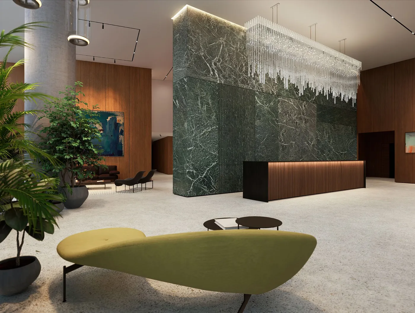 Developer rendering of the Casa Bella Residences lobby with a green marble wall, glass chandelier, wood paneling and B&B Italia seating