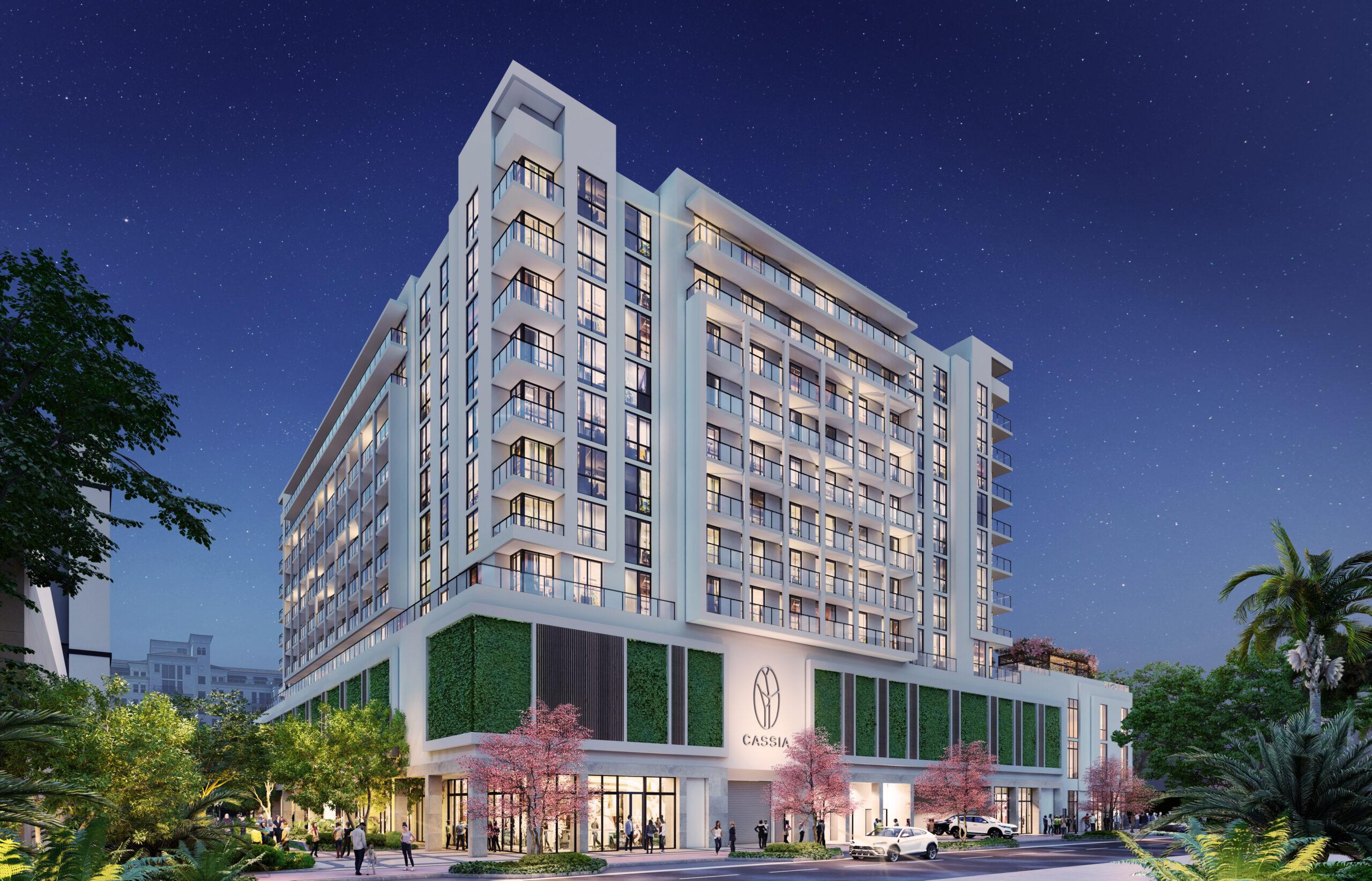 Exterior rendering of Cassia Residences, a 12-story luxury condominium in the Merrick Park District of Coral Gables, Florida